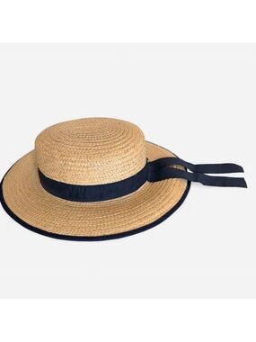 Italian straw boater sun hat with navy blue ribbon